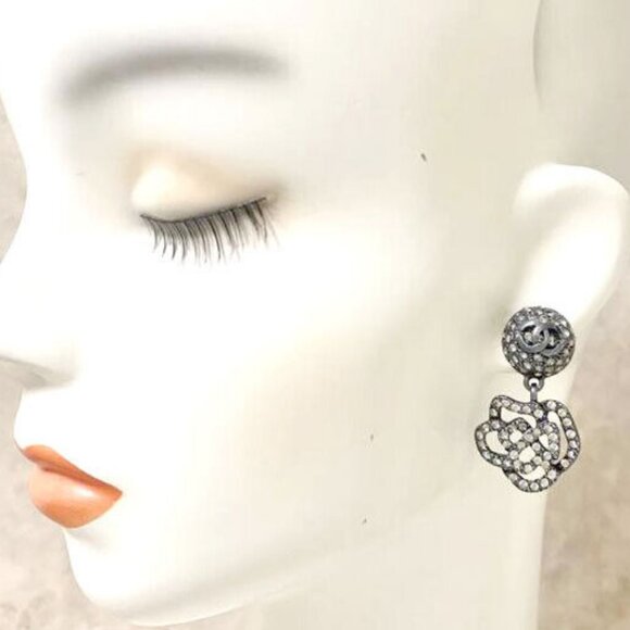 CHANEL CC Logos Rhinestone Camellia Dangle Earrings 00A Auth w/Box #1 - Picture 2 of 5